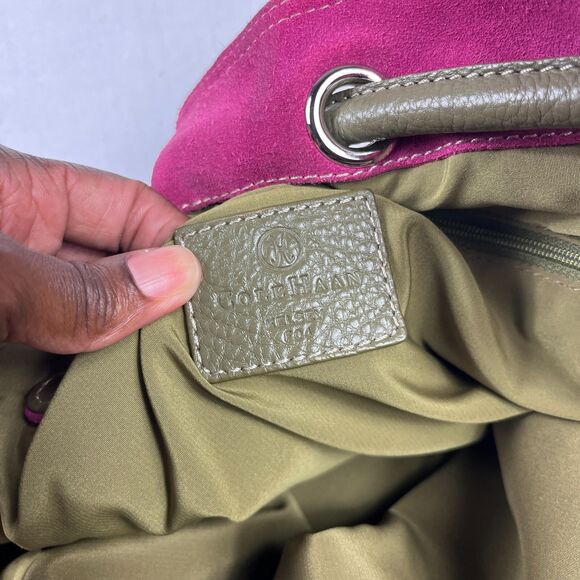 Cole Haan Fuchsia Suede Shoulder Bag Olive Trim Leather Strap Boho Slouchy Tote - Picture 10 of 14